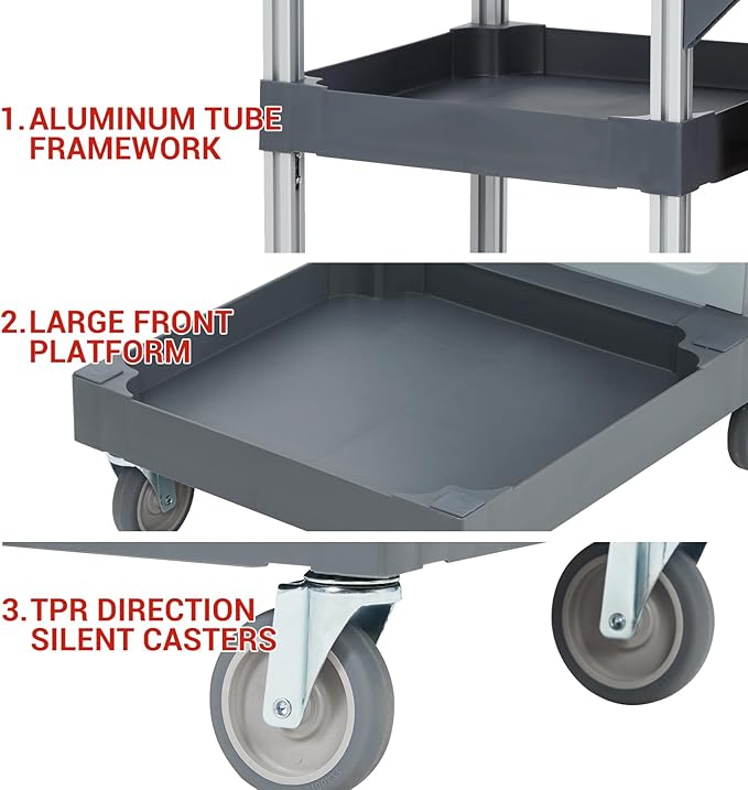 Heavy-Duty Cleaning Cart with Wheels & Shelves, 3-Tier Rolling Service Cart for Janitorial Supplies, 300 Lbs Capacity Mobile Utility Cart for Office & Housekeeping