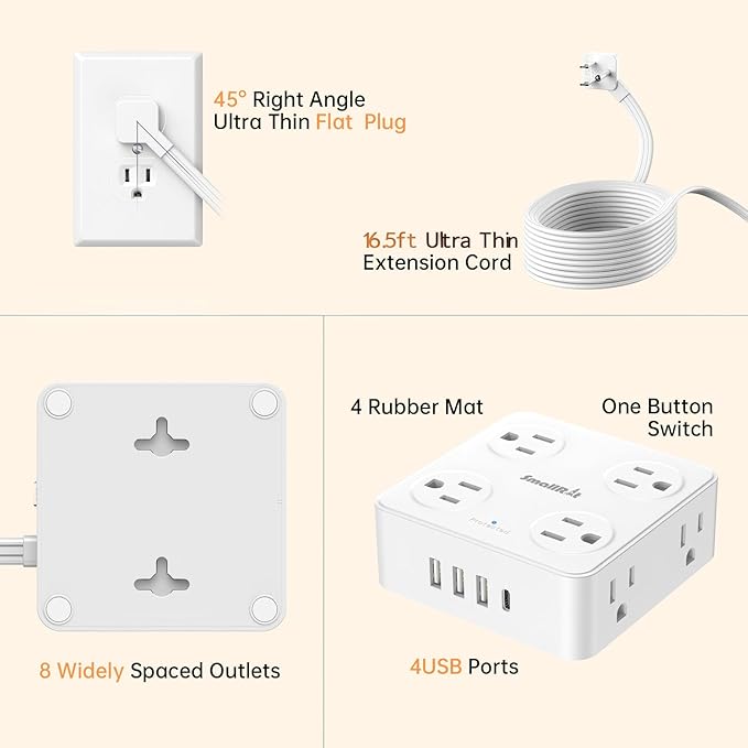 Flat Plug Power Strip with USB C, 6.5FT Flat Extension Cord - 8 AC Outlets and 4 USB(1 USB C), Power Strip with Surge Protector, Wall Mount Charging Station Office Home (White, 15 FT)