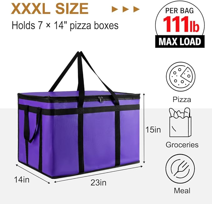 XXXL Insulated Food Delivery Bag - Reusable Thermal Cooler Grocery Bags for Catering & Delivery, Pizza Carrier for Events, Large Capacity Bag Keeps Food Hot/Cold for Shopping, Commercial (Purple, 1PK)