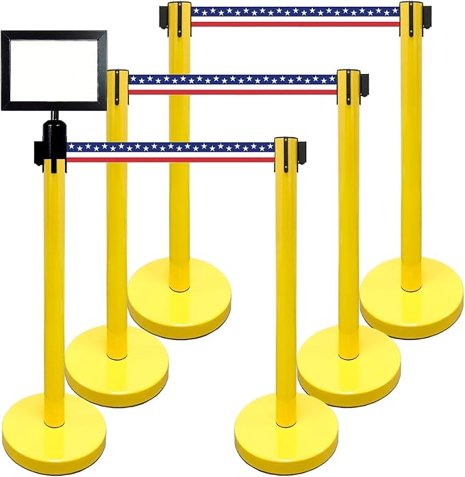 Retractable Stanchion, 6 SPECIALTY Posts + Signframe, 36" Ht, 78" Special Event & Holiday Theme Belt + Bonus Replacement Cassettes + Wall Receiver (YEL Post/July 4th Flag Belt)