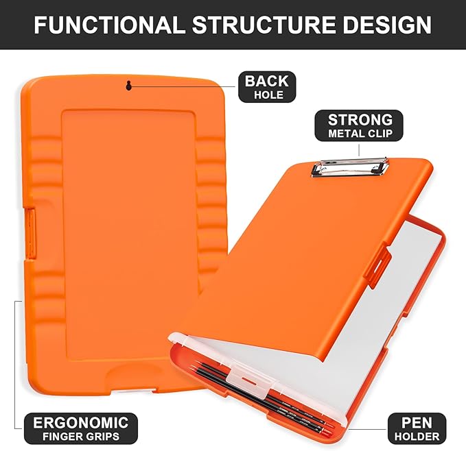 Plastic Clipboard with Storage, 8.5 x 11 Storage Organization Box Side-Opening, Heavy Duty Clip Board with Pen Holder and Paper Folder for Nurses, Teachers, Office & School Supply, Orange