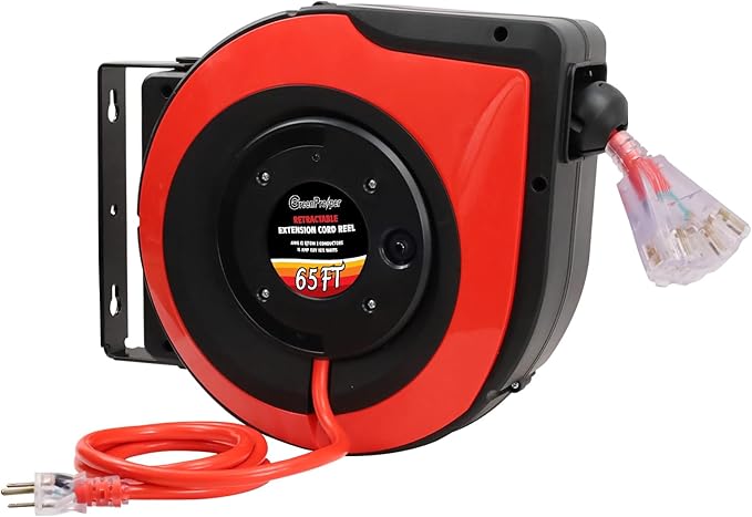 65Ft Heavy Duty Cord Reel, Retractable Extension Cord, 12AWG/3C SJTOW, Lighted Triple Tap Outlets 15A Circuit Breaker, Wall/Ceiling Mounted, Adjustable Stopper UL Listed Red