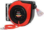 65Ft Heavy Duty Cord Reel, Retractable Extension Cord, 12AWG/3C SJTOW, Lighted Triple Tap Outlets 15A Circuit Breaker, Wall/Ceiling Mounted, Adjustable Stopper UL Listed Red
