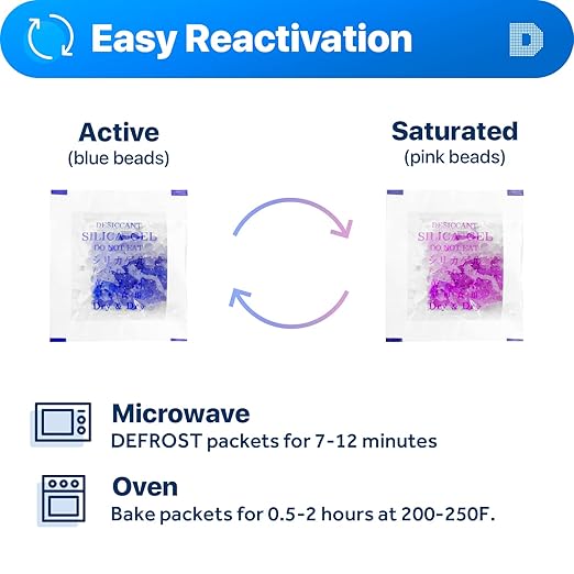 Dry & Dry 1 Gram [50 Packets] Blue Indicating(Blue to Pink) Silica Gel Packets Desiccants Silica Gel Packets - Rechargeable Silica Packets, Silica Gel, Silica Gel Packs