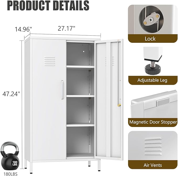 White Metal Locker Cabinet, 47" H Home Office Storage Lockers, Vertical Steel Storage Cabinet with Locking Door and 3 Adjustable Shelves, Garage Tool File Cabinets for Home Office,Garage,Bathroom.