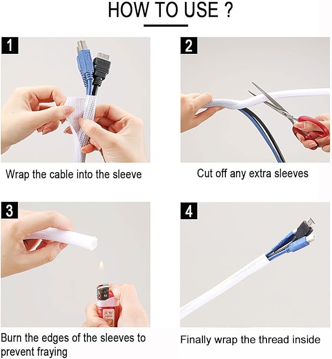 3/4"-25ft Braided Cable Sleeve Protector - Self-Wrapping Split Wire Loom for Home Theater, Pet-Proof Cord Organizer, Heat-Resistant, White