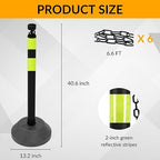 6 Pack 40 Inch Traffic Delineator Posts with Fillable Base and 6.6FT Plastic Chain, Safety Delineator Post Cones with 2 Green Reflective Stripes for Construction Work (Black)