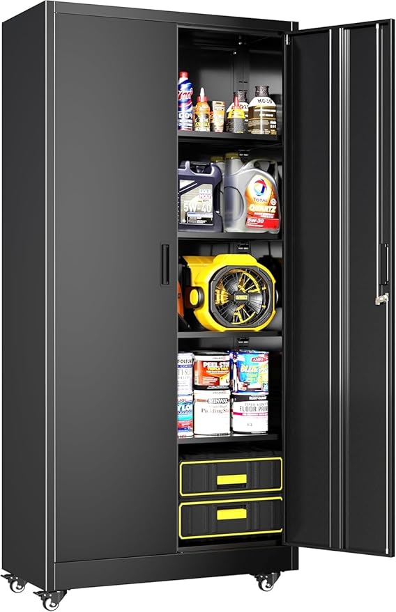 Greenvelly Metal Storage Cabinet with Wheels, 73" H Garage Storage Cabinet with 4 Adjustable Shelves and Locking Doors, Garage Rolling Storage Cabinets for Home, Warehouse, Garage, Black