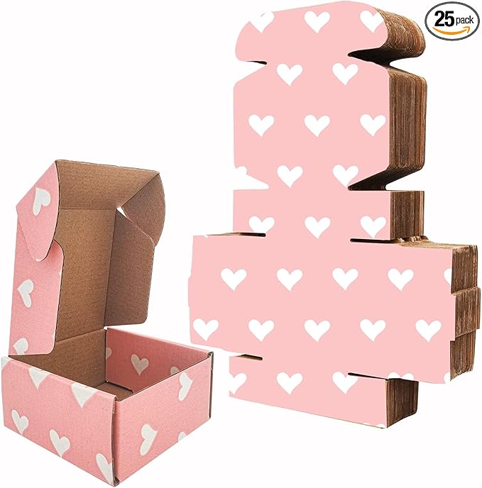 25 Pack Baby Pink Hearts Shipping Boxes, 4 x 4 x 2 inch Recyclable Kraft Corrugated Cardboard Boxes Literature Mailer for Mailing Packing for Mother's Day Small Business Shipping