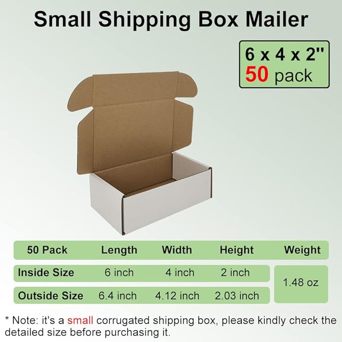 50 Pack 6x4x2'' Small Shipping Boxes, White Corrugated Cardboard Literature Mailers, Mailing Packaging Supplies for Small Business (W642-50)