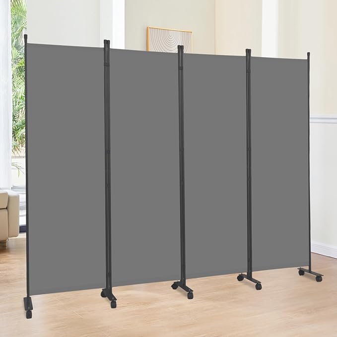Room Divider 6FT Room Partition with Lockable Wheels, (Thicked Metal Base) Room Dividers, Freestanding Indoor Folding Privacy Screens, Portable Fabric Wall Divider for (Grey, 88"- 4 Panel)
