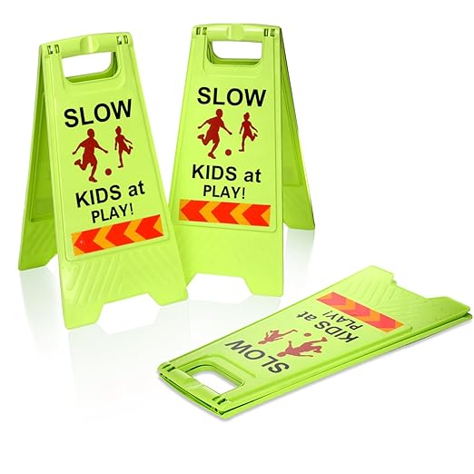 3 Pack Slow Kids at Play Sign, Children Playing Sign for Street with Reflective Tapes Handle, 24 Inch High Visibility Green Kids Pets Caution Warning for School, Sidewalk, Driveway, Park
