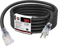 EP 15 Ft Lighted Outdoor Extension Cord - 10/3 SJTW Heavy Duty Black Extension Cable with 3 Prong Grounded Plug for Safety, UL Listed