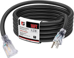 EP 15 Ft Lighted Outdoor Extension Cord - 10/3 SJTW Heavy Duty Black Extension Cable with 3 Prong Grounded Plug for Safety, UL Listed