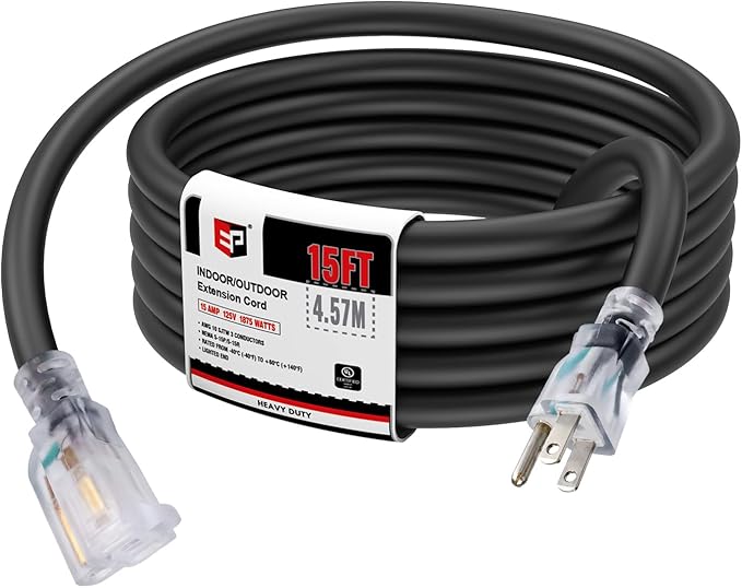 EP 15 Ft Lighted Outdoor Extension Cord - 10/3 SJTW Heavy Duty Black Extension Cable with 3 Prong Grounded Plug for Safety, UL Listed