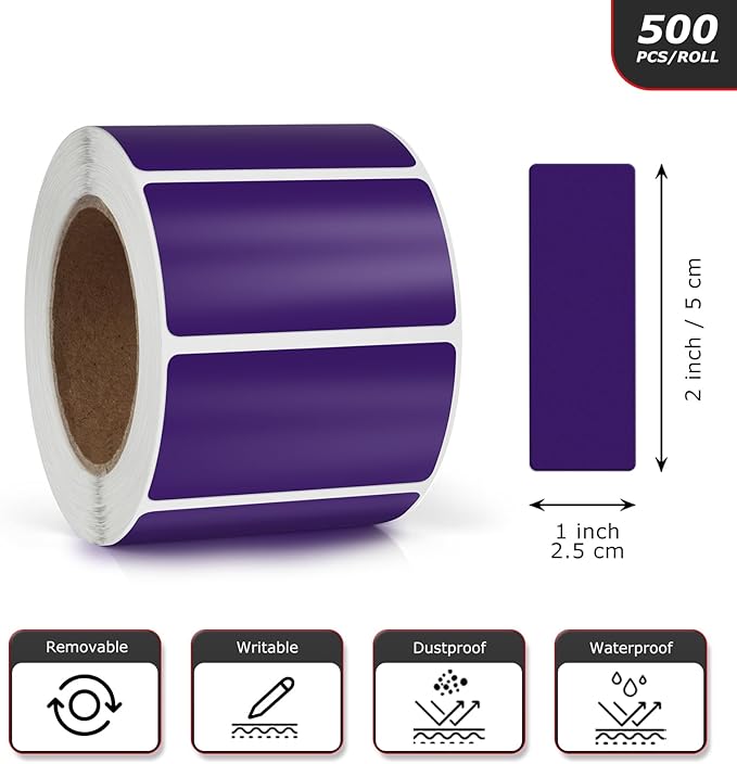 Purple Rectangle Stickers 2 x 1 Inch Color Coding Labels Vinyl Roll Self-Adhesive Waterproof Removable 500 PCS