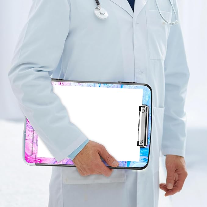 Side Opening Personalized Clipboard with Storage in Blue with Pen Holder and 2 Storage Options. Heavy Duty and Marble Enclosed.