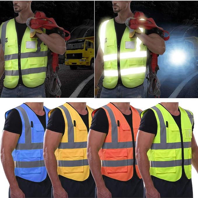 YOWESHOP High Visibility Safety Vest Custom Your Logo Protective Workwear 5 Pockets With Reflective Strips Outdoor Work Vest (Navy Blue (L))