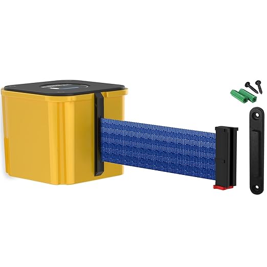 WM412 Retractable Belt Wall Mounted Yellow Crowd Control Barrier and Receiving End, 25' Blue Belt