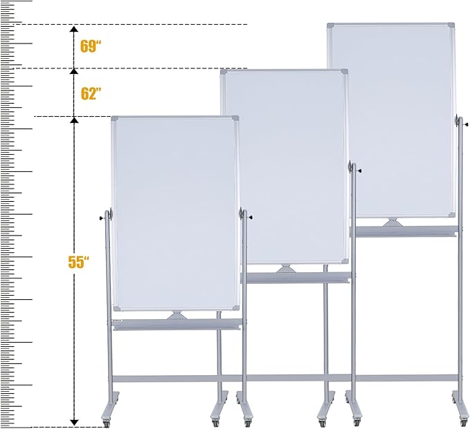 Double-Sided 40" x 28" Mobile Whiteboard with Wheels | Rolling Magnetic Dry Erase Board on Stand | Adjustable Height Silver Frame White Board for Office, Classroom & Home