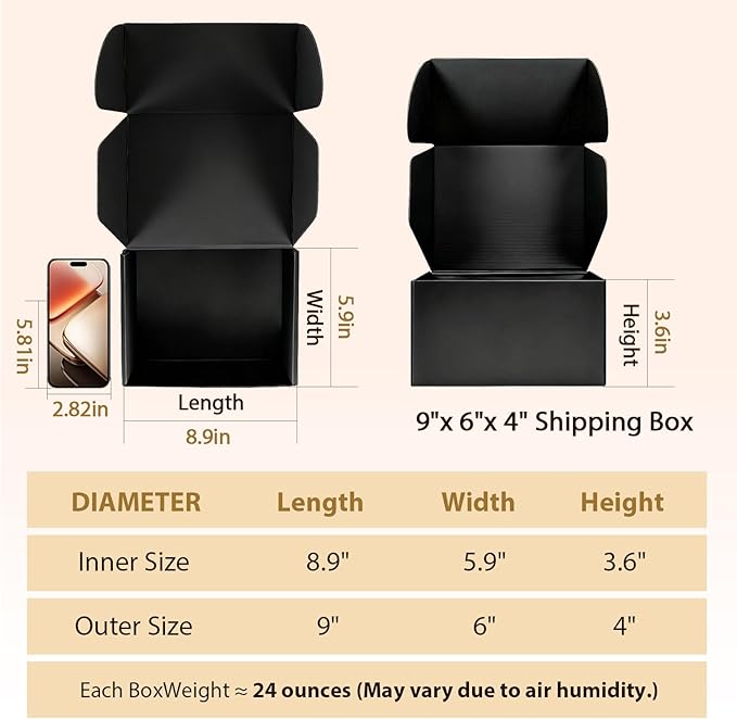 9x6x4 inches Shipping Boxes Set of 25, Small Corrugated Cardboard Box, Literature Mailer, Gift Boxes (Black, 9x6x4)