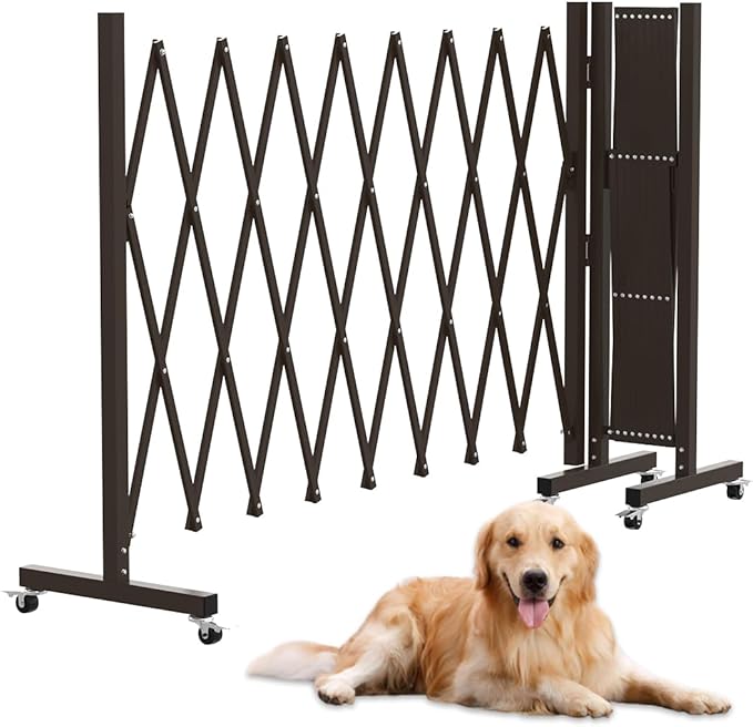Expandable Driveway Gate, Portable Barricade Gate with Casters, Metal Folding Security Gate, 209" Wide Aluminum Expandable Garden Fence, Outdoor Dog Fence for Yard (Brown, 216.54)
