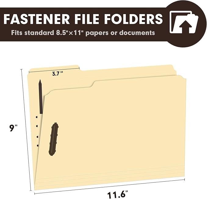 60 Pack Manila File Folders with Reinforced 1/3-Cut Tab and 2 Fasteners for Organizing Medical Files and Office Documents