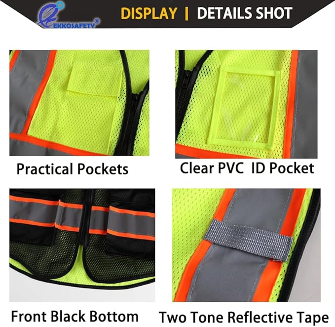 Reflective Mesh Safety Vest for Men Women with 5 Pockets and Zipper Front High Visibility Mesh Vest Hi Vis Construction Work Vest,Meets ANSI/ISEA Standards(EK175-Yellowblack-L)