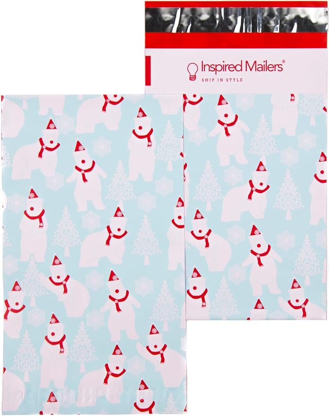 Inspired Mailers - Poly Mailers 6x9-100 Pack - Polar Bears (Blue) - Winter Mailing Envelopes - Small Shipping Bags - Holiday Poly Mailers Bags