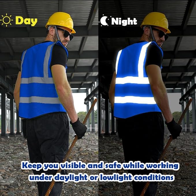 BeautyWill Mesh Safety Vest Custom Logo Class2 High Visibility Reflective Vest with 5 Pockets Construction Security Work Vest ANSI/ISEA Standards（Blue，4XL ）
