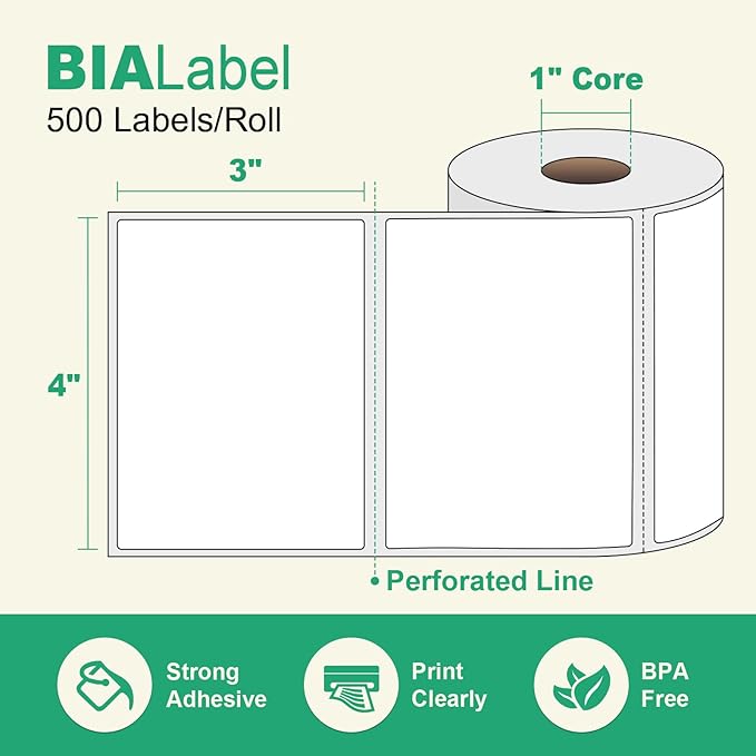 12 Rolls 4" X 3" Thermal Labels, 500/Roll - Direct Thermal Labels Compatible with Zebra & Rollo Printers, BIAlabel