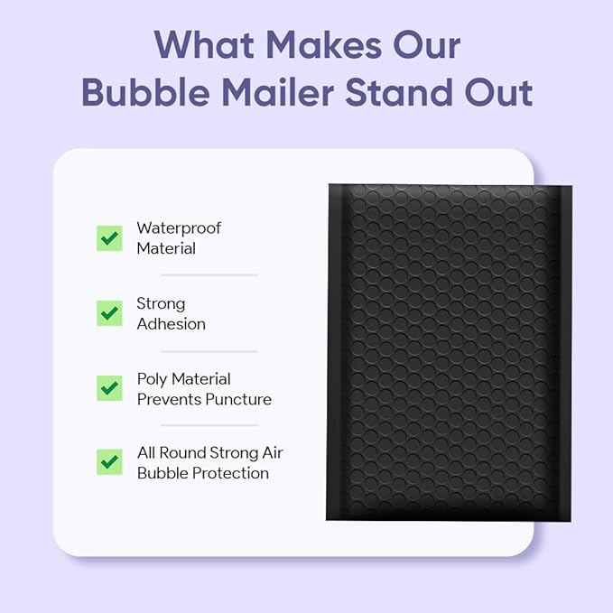 Black 8.5x12 Inch Poly Bubble Mailers #2 |Self Seal Padded Envelopes | Air Cushioned Bubble Mailer | Usable Size 8.5x11 Inch | 100 Pack Bulk | Waterproof | Lightweight Mailing Shipping Bags