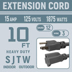 10 FT 12 Gauge Extension Cord Outdoor, Heavy Duty Weatherproof & Flame Retardant Black 3 Prong Power Cord, Outside for Garden & Lawn, 15 Amps 1875 Watts 125 VAC 12AWG SJTW, UL Listed