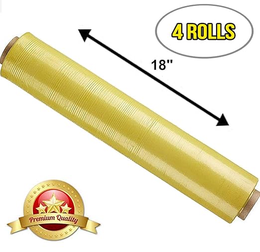 APQ 4 Rolls of Blown Hand Stretch Film 18" x 1500'. Yellow Hand Stretch Wrap, 80 Gauge. Tear Resistant Residue Free Film for Moving, Shipping, Wrapping. Industrial Grade Pallet Shrink Wrap Film.
