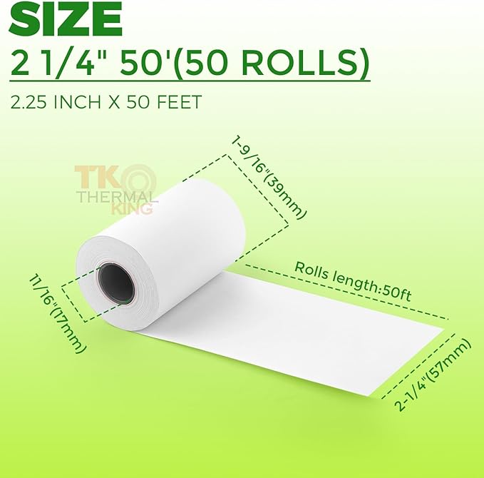 (50 Rolls) 2 1/4" 50' feet White Paper Cash Register POS Receipt, Fits All Credit Card Terminal Great For Cashier Receipt Small Business Premium Quality