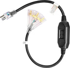 3 FT Lighted GFCI Extension Cord with 3 Power Outlets,12/3 SJTW Heavy Duty Black Extension Cable with 3 Prong Grounded Plug for Safety,UL Listed