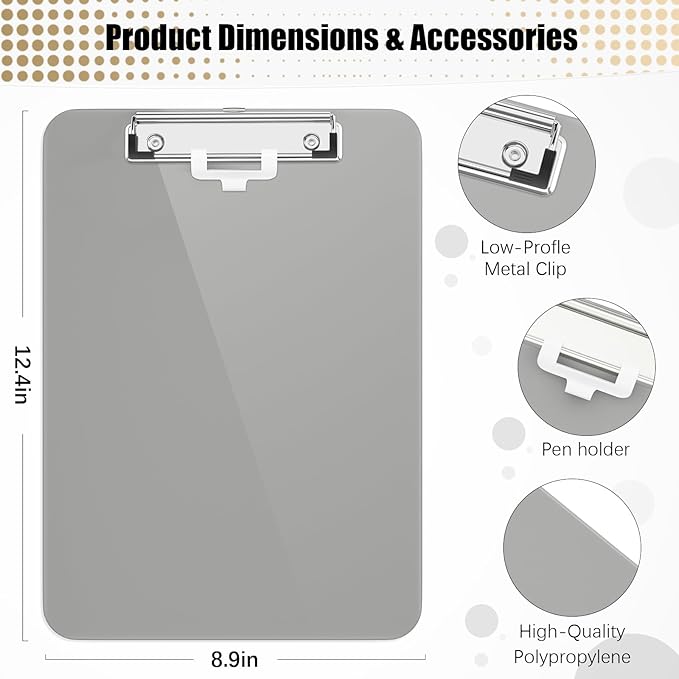 Hongri Plastic Clipboard with Pen Holder, Gray 8.5x11 Letter Size Clip Board for Classroom, Office, Students, Nurses and Women, Low Profile Clip, Size 12.5 x 9 in(Pack of 6)