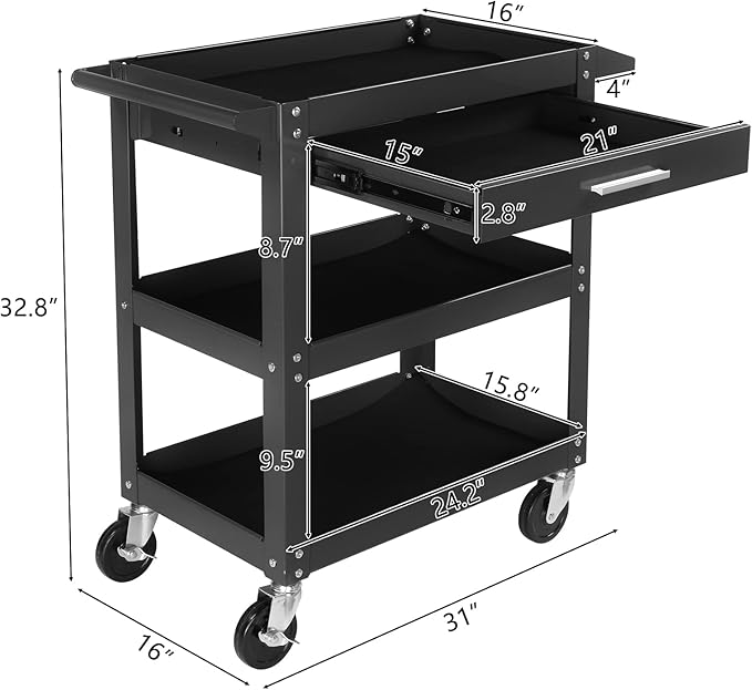 TUFFIOM 3 Tier Rolling Tool Cart with Drawer, Tool Service Cart on Wheels w/2 Brake, 330 LBS Capacity Industrial Heavy Duty Utility Cart, Tool Organizer for Mechanic, Garage, Warehouse & Repair Shop