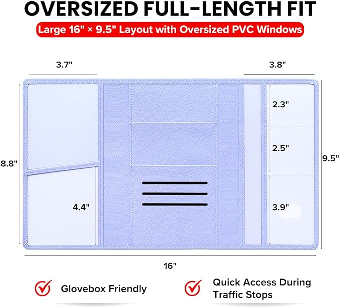 LINTRU Car Registration and Insurance Holder Trifold, Oversized Fit with Reinforced Construction, Matte PU Leather Vehicle Glove Box Organizer for Documents, Car Accessories for Men and Women