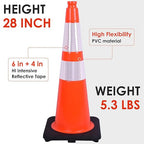 Fluorescent Orange PVC Traffic Cones, Heavy-Duty Black Base Garage Parking Lot Cone Structurally Stable Weatherproof Road Construction Safety Cones (4, Orange, 28" Large)
