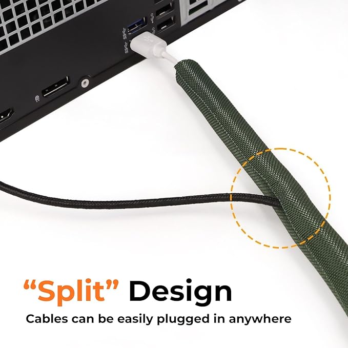 1-1/4 inch Split Braided Cable Management Sleeve for USB Cable Power Cord Audio Video Cable, Wire Loom Cord Protector from Cat Dog Chewing (White, 10FT)