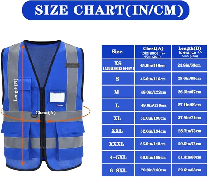 A-SAFETY Blue Safety Vest Reflective Work Vest,Hi Vis Bright Neon Color with 4 Reflective Strips 7 Pockets,Small