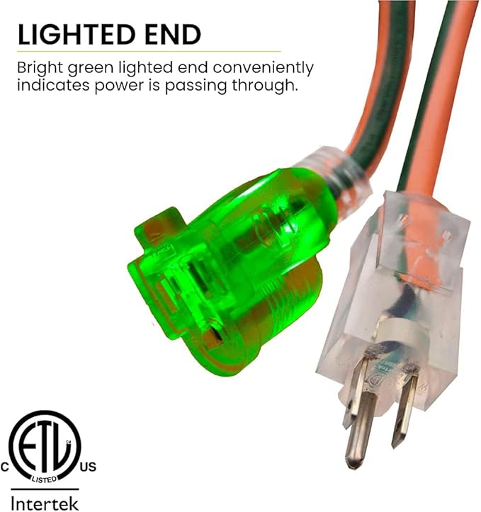 Go Green Power Inc. 16/3 100ft Outdoor Extension Cord - Heavy Duty, Lighted End, Contractor Grade SJTW Cable - Moisture & Abrasion Resistant - GG-13700