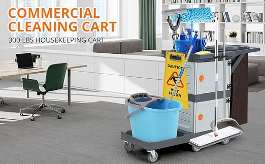 Commercial Janitorial Cart with Cabinet, 3-ply Multi-Purpose Engineered Plastic Housekeeping Cart with 30 Gallon Bag Hand Push Utility Cart, 200 lbs Load Capacity