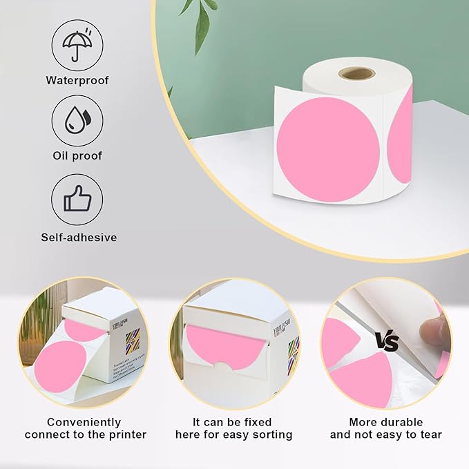 3 X 3 Inch Color Coding Dot Labels Circle Thermal Printable Waterproof 500 Pcs Round Stickers Adhesive Writable for Office, Home, Garage, DIY Sticker, Barcodes, Name Tag, Pink