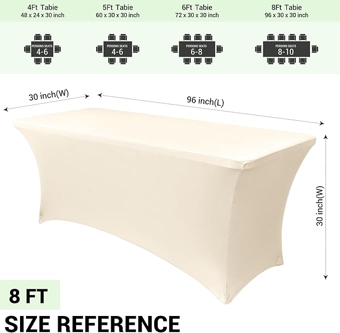 Obstal 6 Pack Stretch Spandex Table Covers for 8 Foot Tables - 8 FT Universal Rectangular Fitted Tablecloth Protector for Wedding, Banquet, Party (Cream, 96 Length x 30 Width x 30 Height Inches)