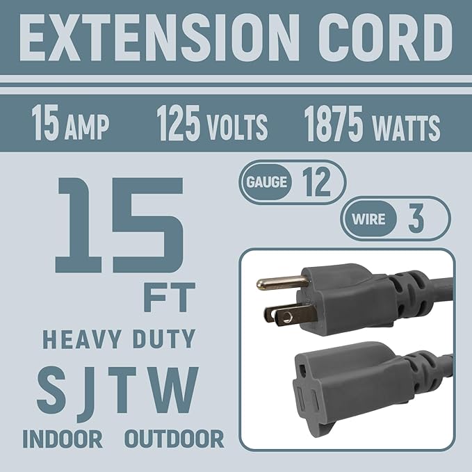 15 FT 12 Gauge Extension Cord Outdoor, Heavy Duty Weatherproof & Flame Retardant Black 3 Prong Power Cord, Outside for Garden & Lawn, 15 Amps 1875 Watts 125 VAC 12AWG SJTW, UL Listed