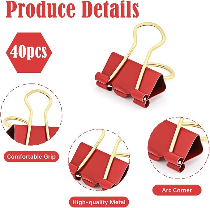 BAYTORY 40Pcs Binder Clips Colored, Christmas Binder Clips Assorted Sizes, Medium Small Binder Paper Clamps Combination, with Clear Storage Container, for School & Office Supplies (Red & Green)