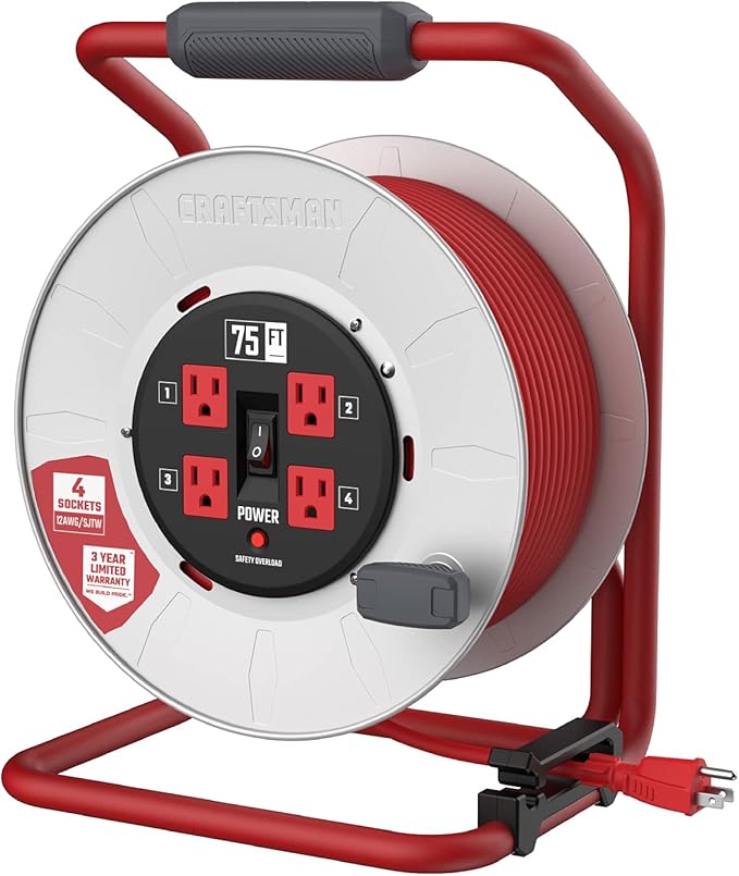 CRAFTSMAN 75 Ft. Contractor Retractable Extension Cord Reel with 4 Grounded Outlets, Heavy-Duty Steel Drum, 12AWG SJTW Cable, CSA Certified