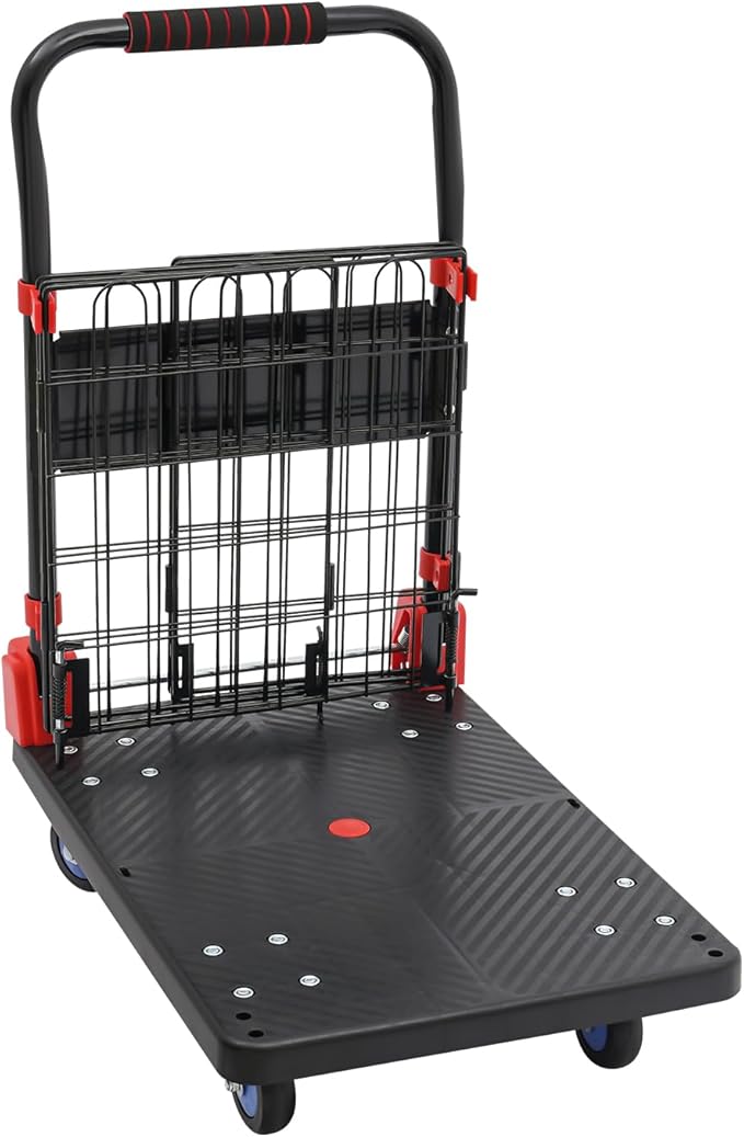 2 in 1 Platform Truck Cart, 330lbs Capacity Hand Moving Cart 28.35 x 18.9 in Foldable Dolly with Cage & Swivel Wheels for Warehouse Shopping Groceries Moving